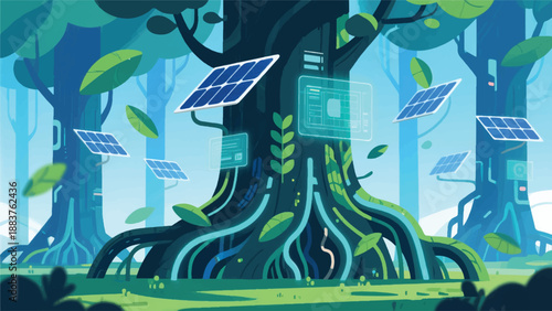 Illustration Of A Futuristic Giant Tree With Glowing Root Fibers Like Optical Cables, Moving Leaves Like Solar Panels Vector Design Template