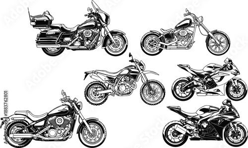 Detailed black and white motorcycle vector set featuring cruiser sport bike dirt bike touring chopper designs isolated for automotive illustration and transport graphics
