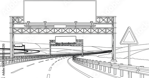 Empty highway road with billboard line art vector illustration, modern transportation infrastructure scene, perspective motorway design isolated on white background