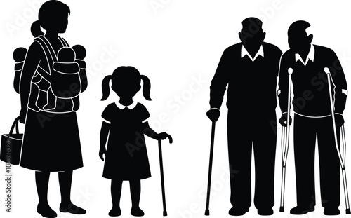 Family generations silhouette illustration showing mother with baby, young child, and elderly couple with walking aids isolated on white background for care, support, and social concept design use