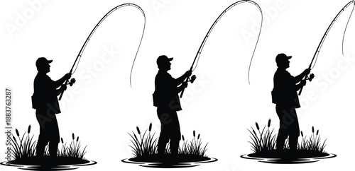 Fishing man silhouette sequence showing casting rod action by lake or river isolated on white background for outdoor sport, hobby, and nature illustration use