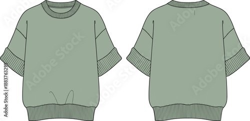 Front and back oversized sweatshirt fashion illustration with ribbed cuffs and hem, casual modern apparel design technical drawing isolated on white background