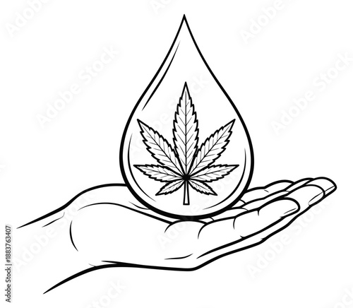 Hand drawn line art illustration of a hand holding a drop with a cannabis leaf depicting cbd oil for natural medicine and wellness