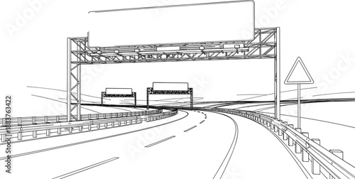 Highway road perspective line art illustration with overhead signboards, modern expressway infrastructure sketch, minimal black and white vector design for transport, travel and urban concepts