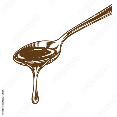 Drawing Vintage grunge  texture Brown syrup dripping from spoon on white background  sweet liquid pouring down