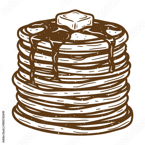 Drawing Vintage grunge  texture Brown syrup pouring on a stack of pancakes with a butter on top  breakfast food