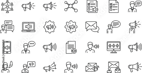 Vector Line Art Icon Set of Marketing and Professional Communication Featuring Megaphones Public Relations Digital Announcements Client Feedback and Corporate Outreach Symbols