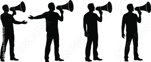 Man with megaphone silhouette collection showing speaking, announcing, and public communication poses isolated on white background for marketing, leadership, protest, and media design use