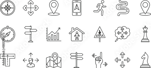 Vector Line Art Icon Set of Navigation and Direction Symbols Featuring Compass Maps Location Pins Road Signs and Strategic Chess Pieces for Wayfinding and Planning
