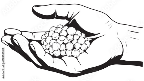 Hand holding granular particle sample illustration representing pharmaceutical formulation and material science research vector illustration