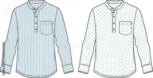 Men’s long sleeve henley shirt fashion illustration showing striped and star pattern designs, front view apparel technical drawing isolated on white background