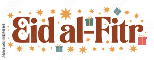 Eid al fitr banner design with colorful presents and geometric star decorations on white