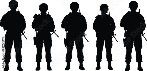 Military soldier silhouette set with armed combat troops standing in formation, tactical gear outlines, black vector illustration for defense, security, army and war concept designs