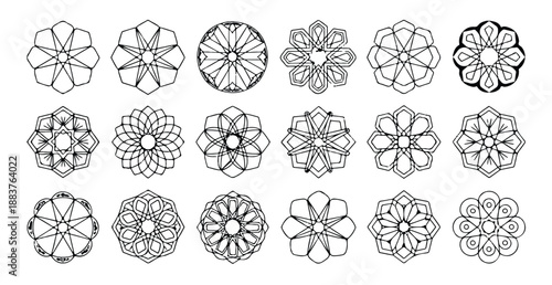 Black and white geometric islamic pattern set star and floral mandala vector