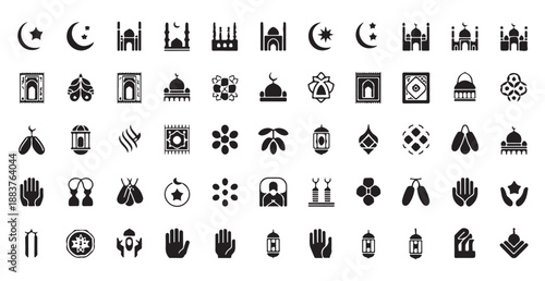 Islamic glyph icons set with mosque crescent prayer rug and lantern silhouette for ramadan
