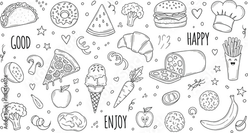 Hand Drawn Fast Food Doodle Set Featuring Burger Pizza Taco Ice Cream Donut and Healthy Snacks Like Watermelon and Broccoli for Menu and Cafe Design