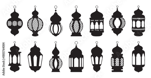 Set of ramadan kareem lantern vector silhouette design elements on white background