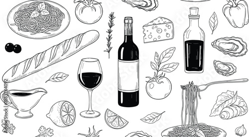 Vector Line Art Illustration Set of Gourmet French and Italian Food Featuring Wine Bottle Glass Baguette Pasta Tomato Cheese and Fresh Oyster Elements for Menu Design