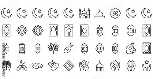 Ramadan outline icons collection with mosque lantern and islamic motifs for holiday design