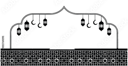 Ramadan kareem arch border banner with hanging lanterns and crescent moons background