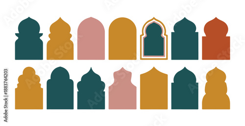 Colorful islamic window and arch silhouettes in earthy tone palette for decoration