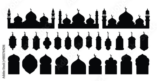 Black silhouette set of arabic mosque buildings and ornamental geometric shapes vector