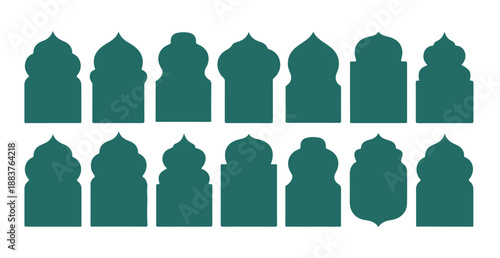 Set of deep green arabic dome and window vector shapes for ramadan graphic design