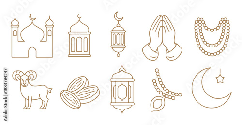 Minimalist gold ramadan line art icons featuring mosque lanterns and prayer beads for festival