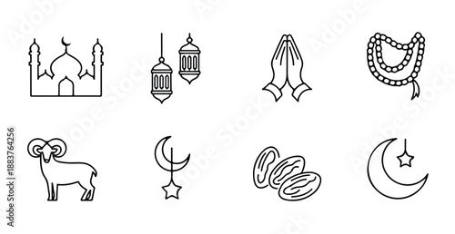 Black outline ramadan icons set with mosque and lantern symbols for islamic religious projects
