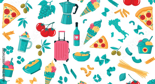 Seamless Vector Pattern for Italy Travel and Cuisine Featuring Pizza Gelato Pasta Wine Suitcase Moka Pot and Silhouette Map for Tourism and Restaurant Design