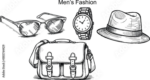 Vector Hand Drawn Illustration Set of Men's Professional Accessories Featuring Classic Leather Satchel Briefcase Fedora Hat Clubmaster Sunglasses and Metal Link Watch
