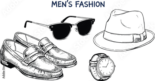 Vector Hand Drawn Illustration Set of Men's Fashion Accessories Featuring Classic Leather Loafers Fedora Hat Clubmaster Sunglasses and Elegant Wristwatch for Lifestyle Branding