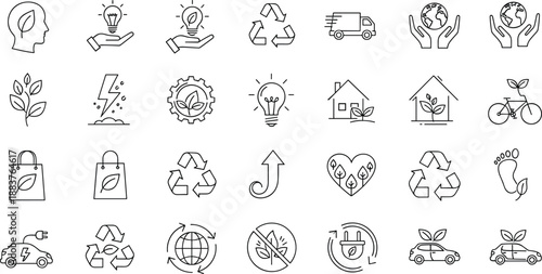 Vector Line Art Icon Set of Ecology and Green Energy Featuring Recycling Symbols Electric Cars Solar Power Sustainable Housing and Eco Friendly Lifestyle Elements