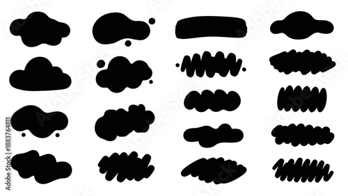 Collection of 20 black cloud-shaped silhouettes with various irregular and fluffy outlines