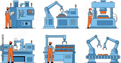 Automated industrial factory production line vector set featuring workers operating heavy machinery robotic arms CNC milling and conveyor belts for smart manufacturing and engineering.
