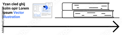 Education, business growth, data analytics, learning resources, market trends, professional development. Stack of books, data graphs and an arrow. Business growth and learning resources concept