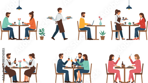 Diverse people dining in restaurant vector set featuring couples on dates friends toasting individuals working and servers for cafe hospitality and food service industry.