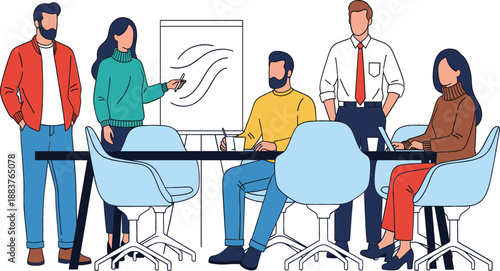 Professional business team meeting and collaborative brainstorming session vector illustration featuring diverse colleagues working together in office environment with presentation and laptops.