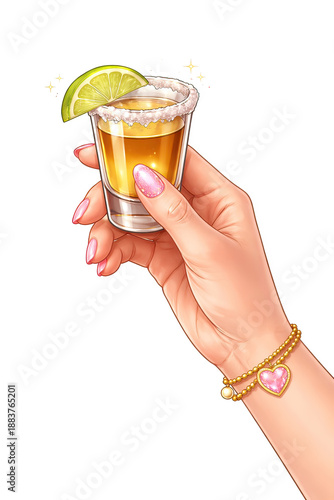 A woman's hand holding a Tequila Shot with Salt and Lime