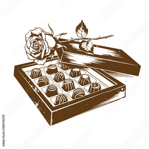 Drawing Vintage texture Brown chocolate box with rose on top  sweet treats and flowers  dessert and gift concept