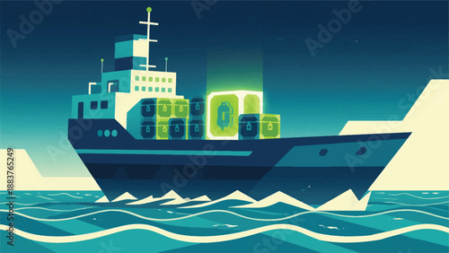 Illustration Of A Giant Ship Carrying Neon Cube-Shaped Data Crates, With Rhythmic Triangular Waves Sea Vector Design Template