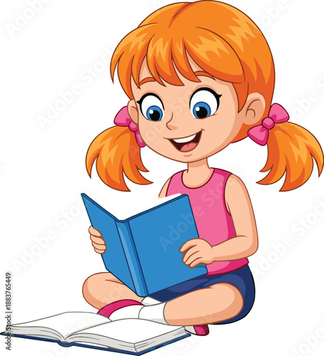 Cute cartoon girl with ginger pigtails sitting and reading a blue book for kids education library literacy and childhood school learning vector illustration