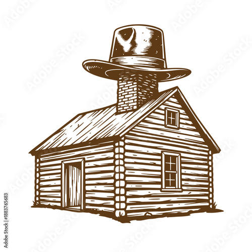 Drawing Vintage texture brown drawing of a log cabin with a top hat on a chimney  rustic house with a smoke stack  vintage style illustration