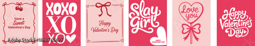 A lovely collection of six charming Valentines Day greeting cards in various shades of pink and red
