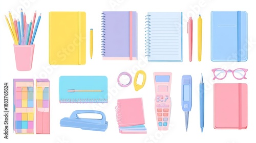 Assortment of colorful stationery items for education and office work