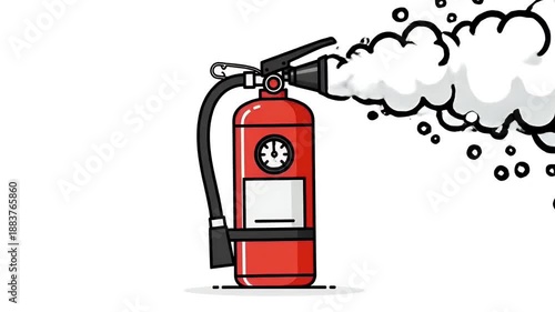 Red Fire Extinguisher Discharges White Smoke Against White Background