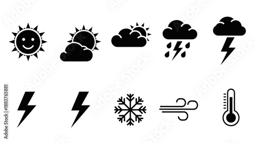 Series of weather icons depicting sunshine, clouds, rain, thunderstorms, snow, wind, temperature, and lightning