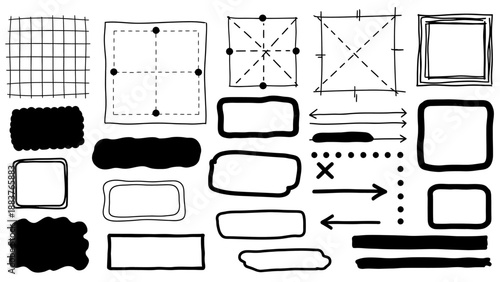 Collection of hand-drawn, sketchy boxes, arrows, dotted lines, grids, and shapes for diagramming or note-taking