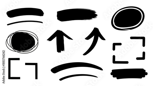 Various black marker strokes, arrows, and shapes on a white background with scribbles and circles
