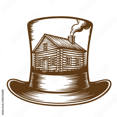 Drawing Vintage texture Brown illustration of a log cabin inside a top hat on white background  cabin and hat combination